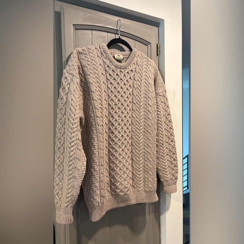 Carraig Donn Unisex Cable Knit Fisherman Sweater is BEIGE Not Cream, Size L